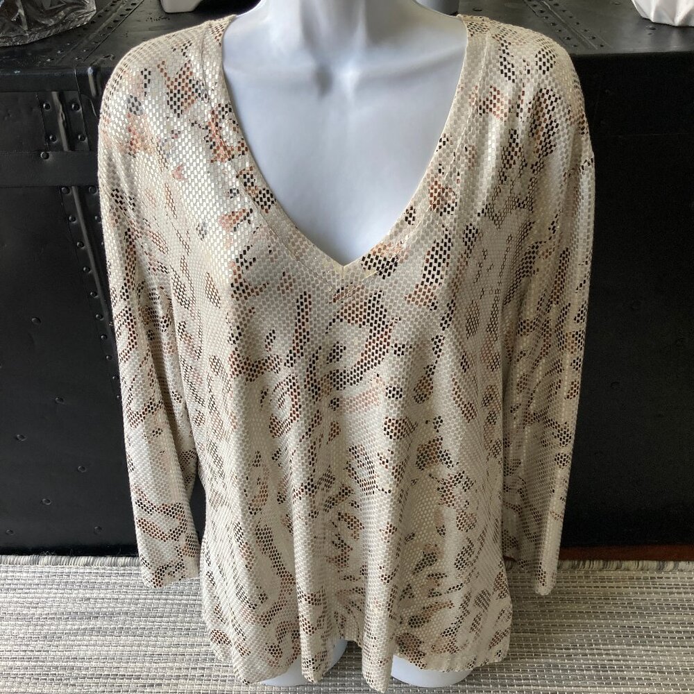 St. John  Exclusively for Neiman Marcus Animal Print Metallic V Neck Blouse XL